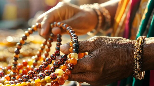 Hands carefully inspecting colorful beaded necklaces at a vibrant artisan market in the afternoon sun