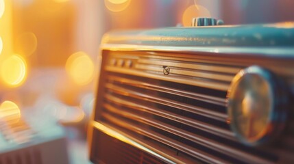 Close-up of a vintage radio with static noise, symbolizing the decline of traditional media against a blurred background of modern digital devices.