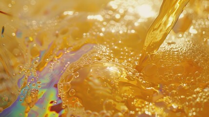 Golden Liquid Pouring with Bubbles and Light.