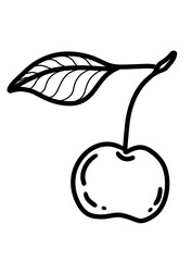 Cherry with leaf depicted in a simple line art style on a white background