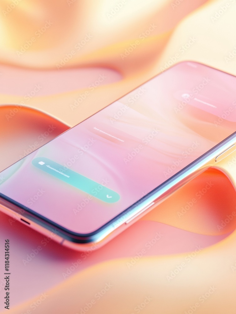 Poster close up view of a modern smartphone displaying a messenger chat on soft pastel background. generati