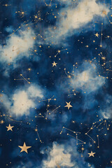 Celestial Dreamscape: A mesmerizing abstract background with a swirling nebula of deep blue and soft white clouds, adorned with twinkling golden stars and constellations.