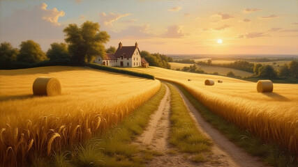 Fototapeta premium Oil painting on canvas, harvest in the village.
