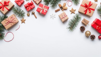 Christmas and New Year holiday background. Christmas greeting card on white background top view