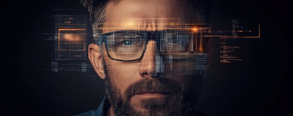 A focused man with glasses, surrounded by digital overlays, showcasing themes of technology, innovation, and data analysis.