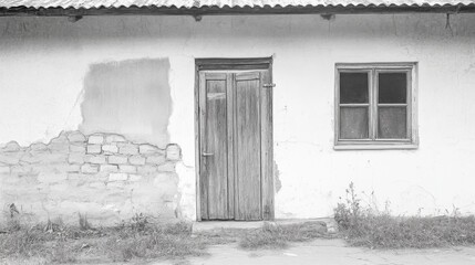 Monochrome photo of old weathered house with wooden door and window.