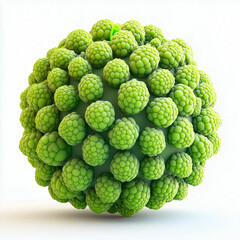 Fototapeta premium Green textured spherical model resembling a cluster of spherical cells with a unique surface pattern surrounded by a light backdrop