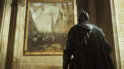 Naklejka premium A knight gazing at the remnants of a mural depicting a long-forgotten battle, faintly visible on the cathedral’s walls.