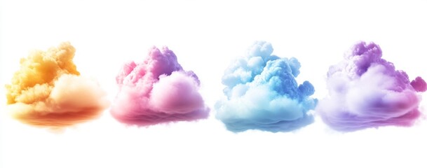 Colorful cloud clip art set with 4 angles, soft shadows, and professional color grading, isolated on a white background.