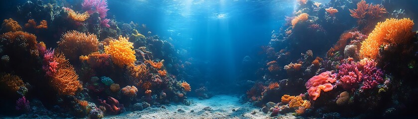 Obraz premium Vibrant Coral Reef Undersea Landscape Sunlit Scene