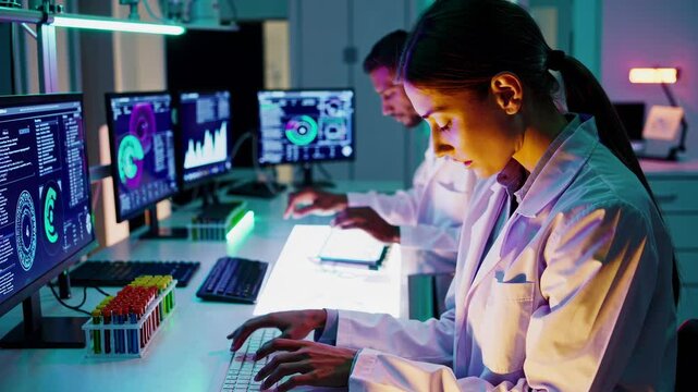 Research team conducts advanced analysis in modern laboratory equipped with high-tech computer systems