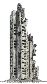 Ruined skyscraper isolated on white background