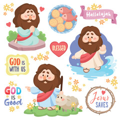 Cartoon Jesus Sticker Clipart Collection Jesus Praying Five Loaves and Two Fishes Walking on Water Shepherding Christianity and Catholicism