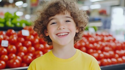 Happy Child Enjoying Fresh Tomatoes in Grocery Store Produce Aisle