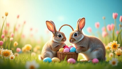 two easter bunnies on a spring lawn sitting near a basket with easter colorful eggs
