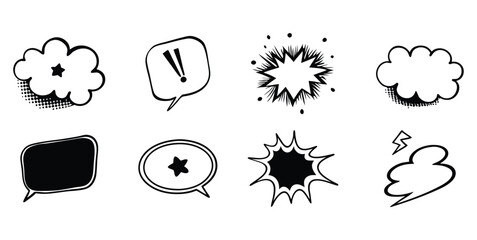 Comic Style Burst and Cloud line art silhouette, Set of Burst and Explosions Vector Icons.	