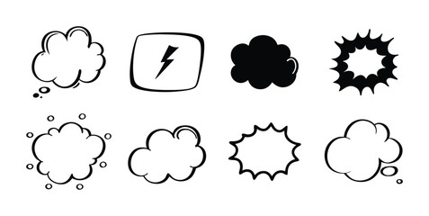 Comic Style Burst and Cloud line art silhouette, Set of Burst and Explosions Vector Icons.	