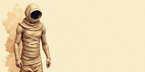 Mysterious Figure in Beige Hooded Wraps, Standing Against a Soft Cream Background