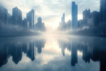 Naklejka premium Reflections of skyscrapers in a serene lake at dawn with mist hovering above the water