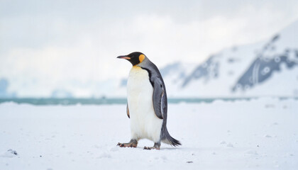 Fototapeta premium Emperor penguin walking in icy landscape during midday, wildlife beauty