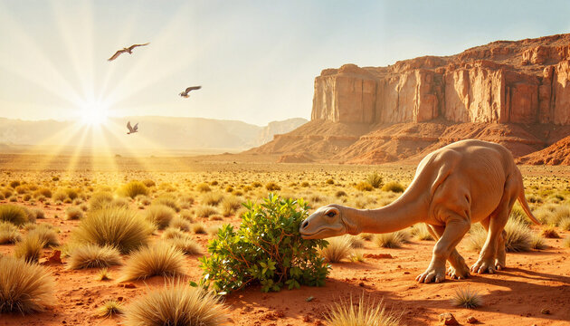 Majestic Paraceratherium browsing leaves in arid desert landscape, prehistoric life