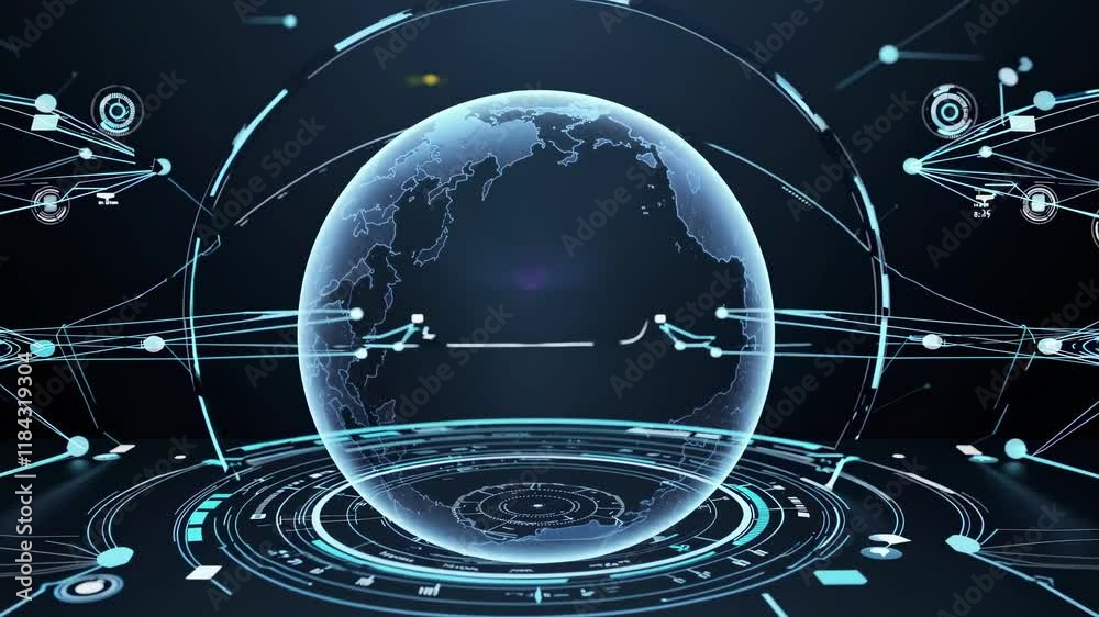 Poster visualizing data through digital interfaces in a futuristic global network