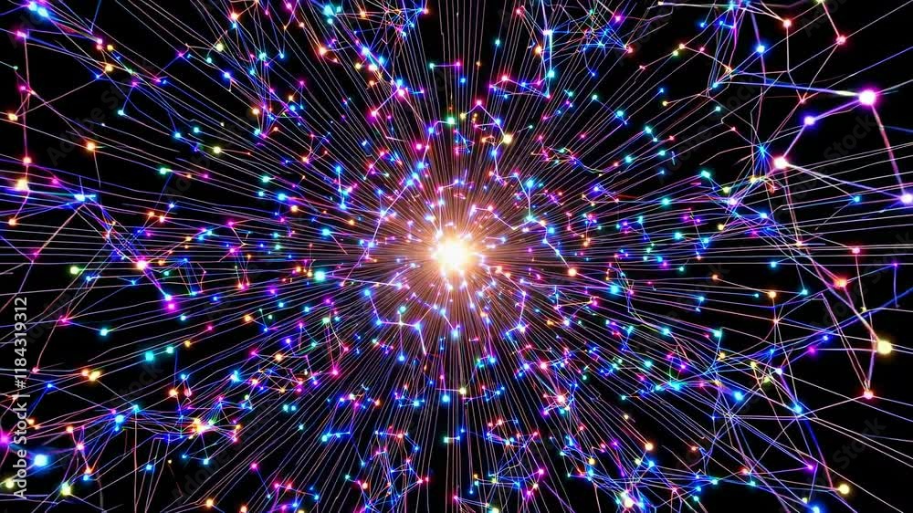 Poster colorful cosmic explosion showcases vibrant energy bursts and interconnected patterns in deep space