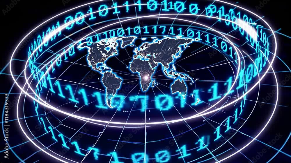 Poster digital globe visualization with binary code overlay demonstrates global connectivity in technology 