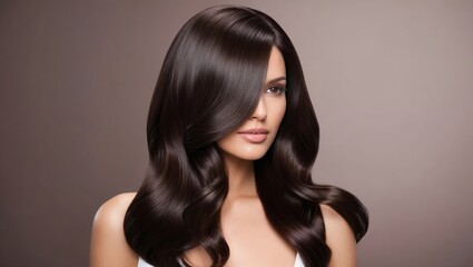 Fototapeta premium Portrait of a beautiful young brunette woman on a beige background. Hair covers part of her face