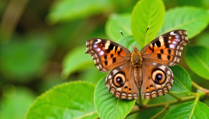 Naklejka premium Elegant owl butterfly perched on green foliage, rainforest beauty