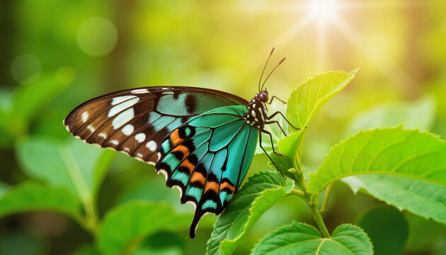 Malachite butterfly perched on green leaf in forest clearing, beauty of nature - Powered by Adobe