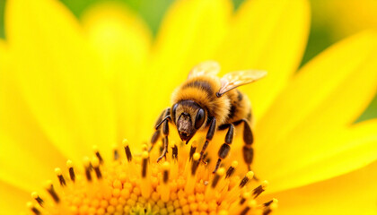 Cute bumblebee collecting nectar on vibrant sunflower, nature's beauty