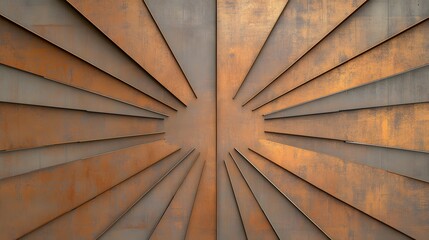 Abstract metal art design with sunburst pattern featuring rust-colored rays on a textured surface, ideal for modern decoration or artistic backgrounds