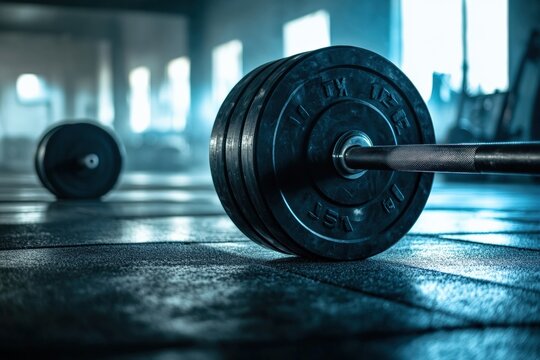 A gym weightlifting bar loaded with heavy plates. - Powered by Adobe