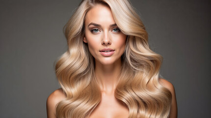 Naklejka premium Portrait of a beautiful young blonde woman with thick long hair. On a dark background