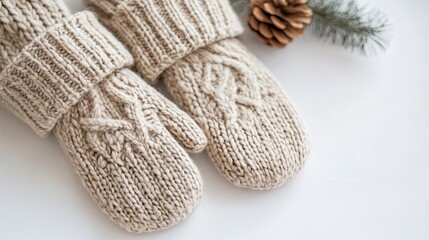 A pair of woolen mittens and a matching beanie on a white surface