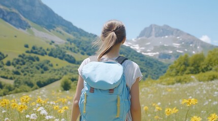 Naklejka premium Hiker in Scenic Mountain Meadow - Vibrant Wildflowers and Snow-Capped Peaks