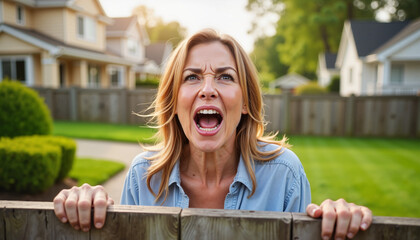 Angry neighbor yelling over backyard fence in suburban area