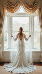 Fototapeta premium Hopeful bride Bride standing by large window in elegant wedding gown