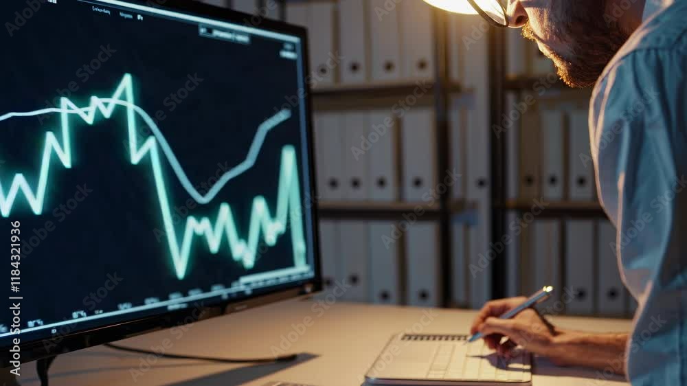 Fototapete Analyzing stock market trends using data visualization techniques at an office desk