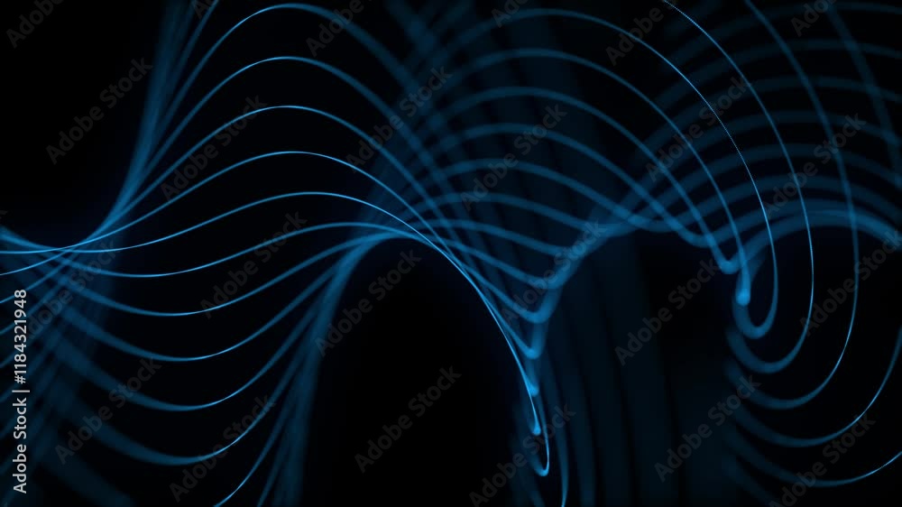 Poster Abstract twisted wave with blue light on black background. Science background with moving lines and dots. Network connection technology. Digital structure with particles. 3d rendering.