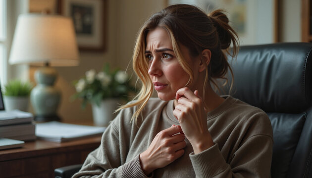 Anxious woman waiting for call sorrowful widow Anxious woman sitting in home office holding her chest