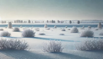Fototapete A vast, flat winter landscape covered in thick, untouched snow © monkik