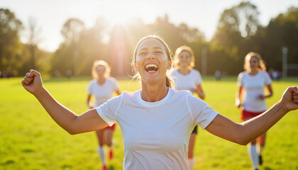 Obraz premium Ecstatic soccer player celebrating goal cheerful teammates Excited female soccer player celebrating victory on sunny field