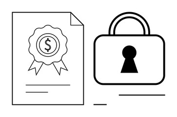 Certificate with dollar symbol ribbon next to large padlock with keyhole. Ideal for finance, contracts, online security, certification, financial growth, legal documents, data protection. Line