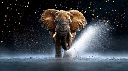 Majestic Elephant Walking Through Water Splashing in the Night