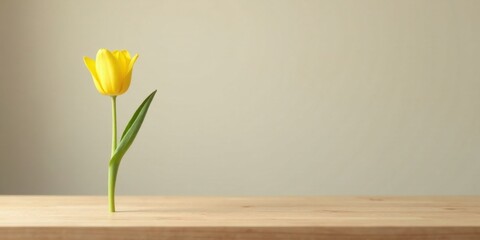 Single Yellow Tulip on Light Wooden Table Against Neutral Background