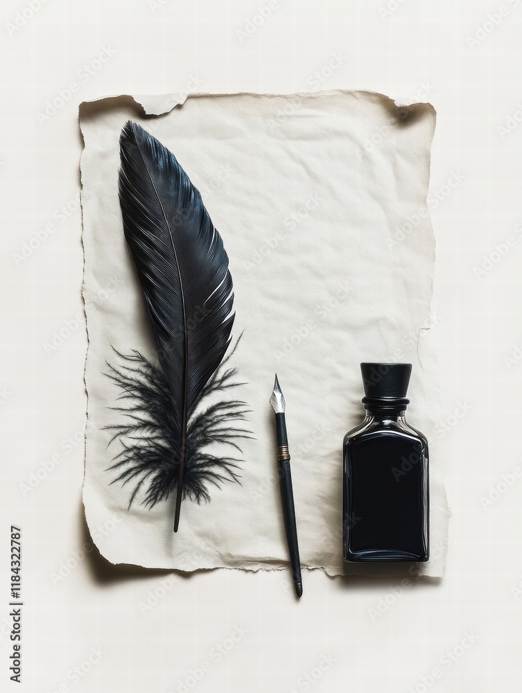 Poster calligraphy tools with a feather quill, ink bottle, and parchment paper arranged for creative writin