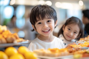 Happy kid and his sister enjoying in buffet breakfast while being in hotel with their parents. Generative AI