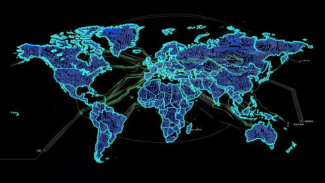 Visualizing global connections through a digital circuit map of the world in blue tones